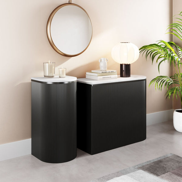 HomeRoots Set of Two 35" Oval Console Tables with White Marble Tops & Black Ribbed Wood for Modern Style 668871