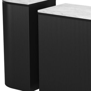 HomeRoots Set of Two 35" Oval Console Tables with White Marble Tops & Black Ribbed Wood for Modern Style 668871