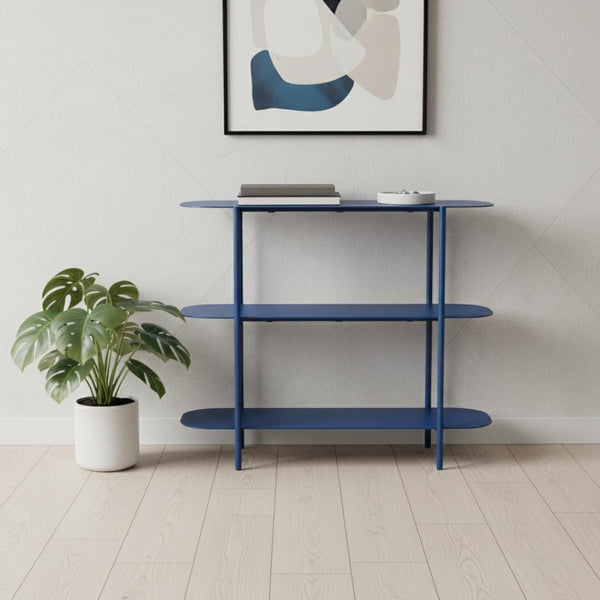 HomeRoots 36" Blue Steel Oval Console Table - Stylish 3-Tier Design for Entryways, Living Rooms & Offices 668873