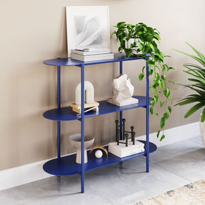 HomeRoots 36" Blue Steel Oval Console Table - Stylish 3-Tier Design for Entryways, Living Rooms & Offices 668873