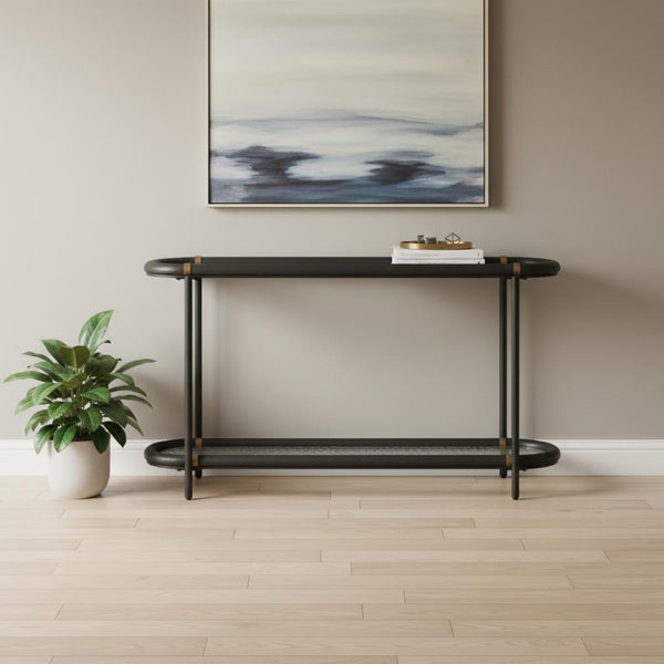 HomeRoots 52" Black and Clear Glass Console Table - Elegant Solid Wood & Steel Design for Stylish Spaces 668876