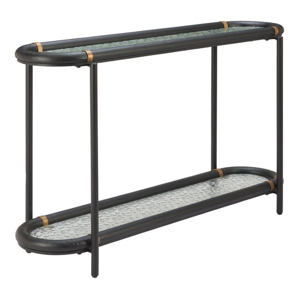 HomeRoots 52" Black and Clear Glass Console Table - Elegant Solid Wood & Steel Design for Stylish Spaces 668876