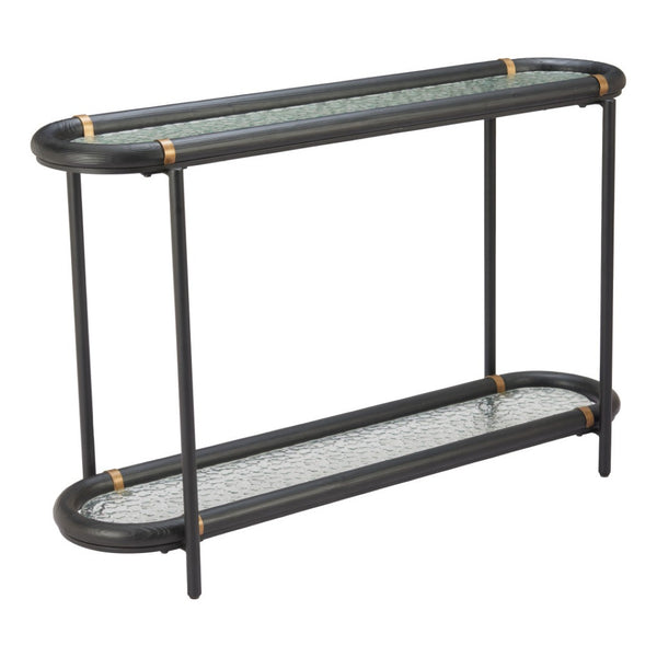 HomeRoots 52" Black and Clear Glass Console Table - Elegant Solid Wood & Steel Design for Stylish Spaces 668876