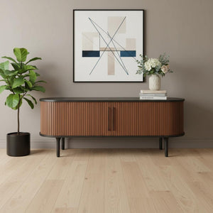 HomeRoots 60" Black And Walnut Ribbed Texture Sideboard - Stylish Storage Solution for Modern Interiors 668877
