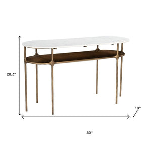 HomeRoots 50" Elegant White Marble and Brass Iron Oval Console Table - Stylish Two-Tier Design for Any Space 668878