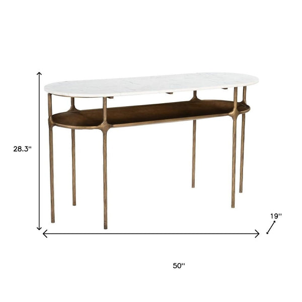 HomeRoots 50" Elegant White Marble and Brass Iron Oval Console Table - Stylish Two-Tier Design for Any Space 668878