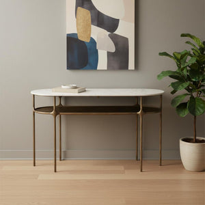 HomeRoots 50" Elegant White Marble and Brass Iron Oval Console Table - Stylish Two-Tier Design for Any Space 668878