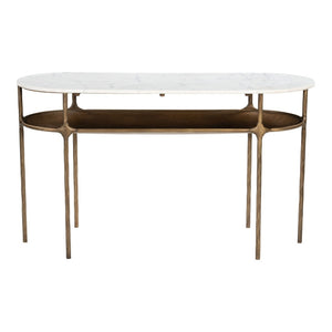 HomeRoots 50" Elegant White Marble and Brass Iron Oval Console Table - Stylish Two-Tier Design for Any Space 668878