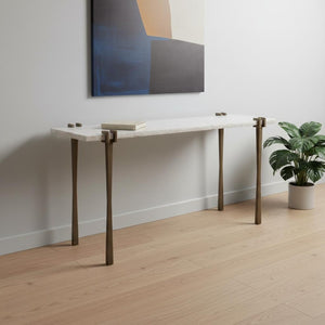 HomeRoots 55" White Marble Console Table with Bronze Iron Base – Elegant, Versatile Design for Any Space 668879