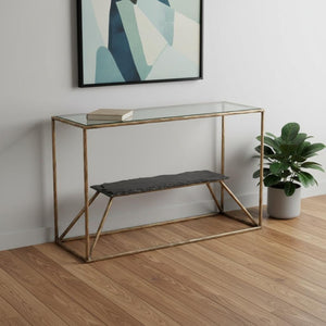 HomeRoots 48" Elegant Clear Glass Console Table with Brass and Iron Frame, Marble Shelf for Stylish Storage 668880