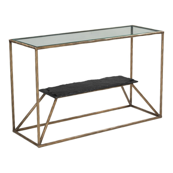 HomeRoots 48" Elegant Clear Glass Console Table with Brass and Iron Frame, Marble Shelf for Stylish Storage 668880