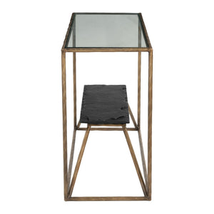 HomeRoots 48" Elegant Clear Glass Console Table with Brass and Iron Frame, Marble Shelf for Stylish Storage 668880