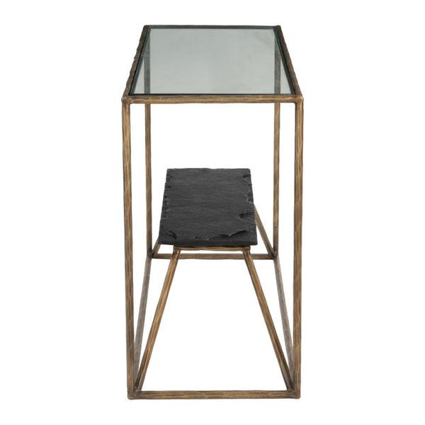 HomeRoots 48" Elegant Clear Glass Console Table with Brass and Iron Frame, Marble Shelf for Stylish Storage 668880