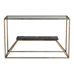 HomeRoots 48" Elegant Clear Glass Console Table with Brass and Iron Frame, Marble Shelf for Stylish Storage 668880