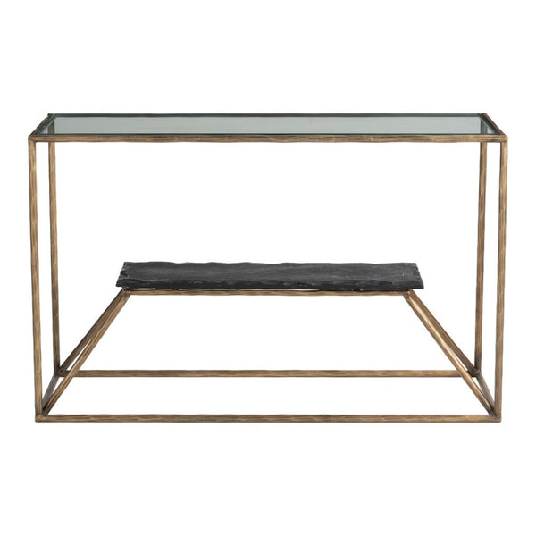 HomeRoots 48" Elegant Clear Glass Console Table with Brass and Iron Frame, Marble Shelf for Stylish Storage 668880