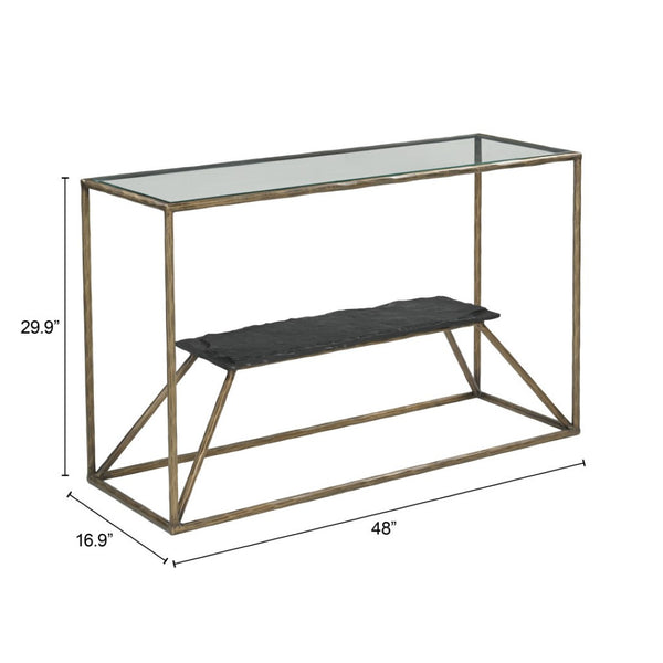 HomeRoots 48" Elegant Clear Glass Console Table with Brass and Iron Frame, Marble Shelf for Stylish Storage 668880