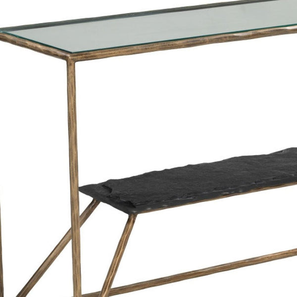 HomeRoots 48" Elegant Clear Glass Console Table with Brass and Iron Frame, Marble Shelf for Stylish Storage 668880