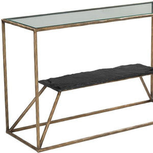 HomeRoots 48" Elegant Clear Glass Console Table with Brass and Iron Frame, Marble Shelf for Stylish Storage 668880