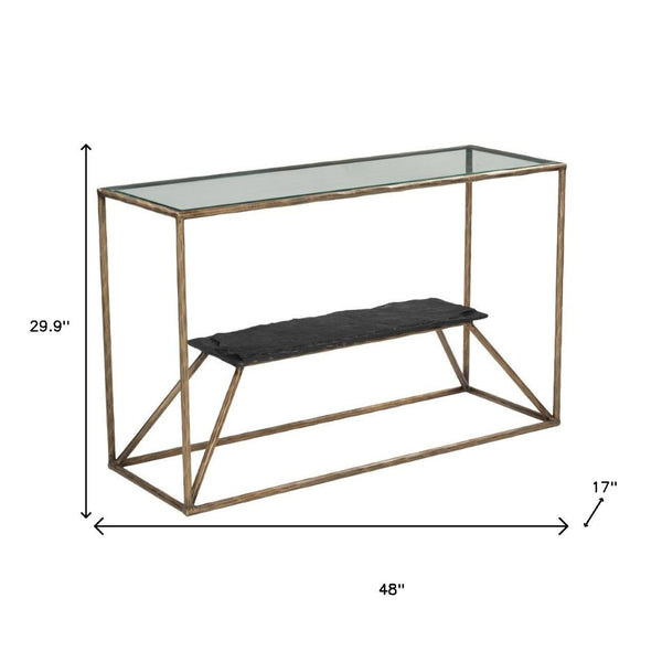 HomeRoots 48" Elegant Clear Glass Console Table with Brass and Iron Frame, Marble Shelf for Stylish Storage 668880