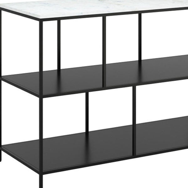 HomeRoots 54" Elegant White Marble Console Table with Black Steel Frame and Three-Tier Storage for Any Space 668881