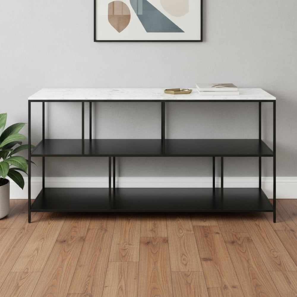 HomeRoots 54" Elegant White Marble Console Table with Black Steel Frame and Three-Tier Storage for Any Space 668881