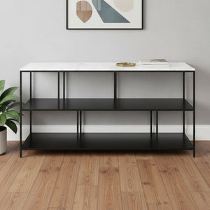 HomeRoots 54" Elegant White Marble Console Table with Black Steel Frame and Three-Tier Storage for Any Space 668881