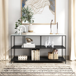 HomeRoots 54" Elegant White Marble Console Table with Black Steel Frame and Three-Tier Storage for Any Space 668881