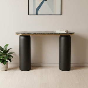 HomeRoots 43" Black and Gold Marble Console Table - Modern Double Pedestal Design for Versatile Home Decor 668882