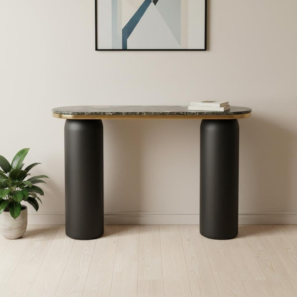 HomeRoots 43" Black and Gold Marble Console Table - Modern Double Pedestal Design for Versatile Home Decor 668882