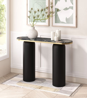 HomeRoots 43" Black and Gold Marble Console Table - Modern Double Pedestal Design for Versatile Home Decor 668882