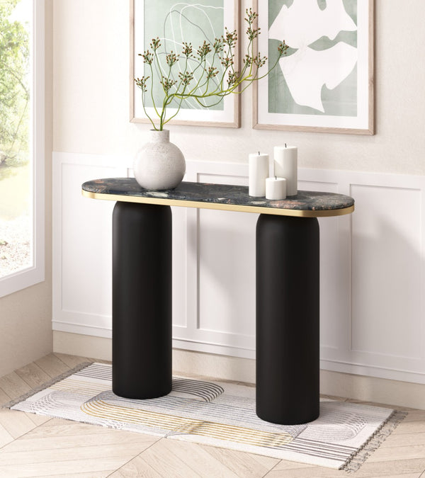 HomeRoots 43" Black and Gold Marble Console Table - Modern Double Pedestal Design for Versatile Home Decor 668882