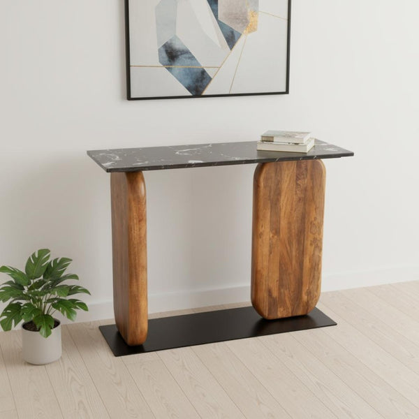 HomeRoots 43" Black Marble and Solid Wood Console Table – Elegant Entryway Accent with Geometric Design 668883