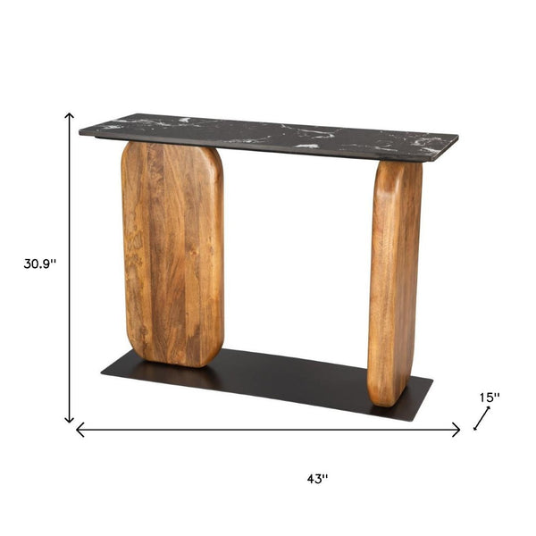 HomeRoots 43" Black Marble and Solid Wood Console Table – Elegant Entryway Accent with Geometric Design 668883
