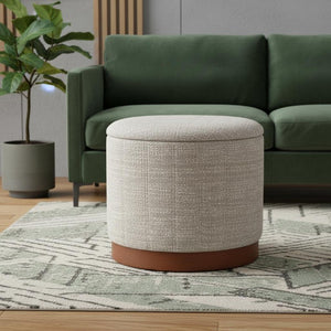 20 Inch Round Storage Ottoman Upholstered in Fabric with Solid Wood Base for Any Room