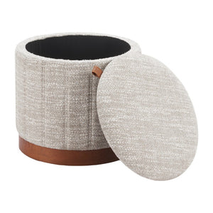 20 Inch Round Storage Ottoman Upholstered in Fabric with Solid Wood Base for Any Room