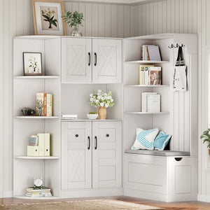 English Elm Multifunctional Modular Hall Tree Cabinet with Open Shelves and Hooks for Entryway White W1580S00519