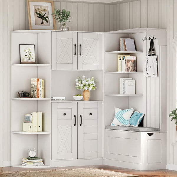 English Elm Multifunctional Modular Hall Tree Cabinet with Open Shelves and Hooks for Entryway White W1580S00519