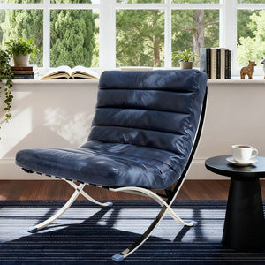 HomeRoots 29" Stylish Blue & Silver Tufted Leather Folding Lounge Chair - Modern Comfort for Any Space 668904