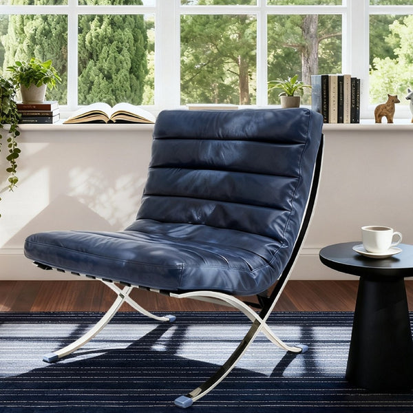 HomeRoots 29" Stylish Blue & Silver Tufted Leather Folding Lounge Chair - Modern Comfort for Any Space 668904