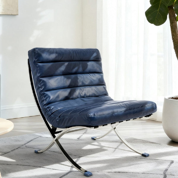 HomeRoots 29" Stylish Blue & Silver Tufted Leather Folding Lounge Chair - Modern Comfort for Any Space 668904
