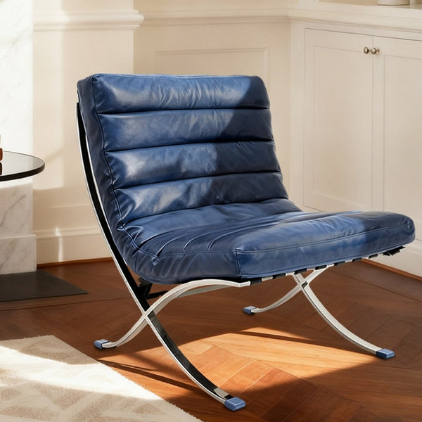 HomeRoots 29" Stylish Blue & Silver Tufted Leather Folding Lounge Chair - Modern Comfort for Any Space 668904