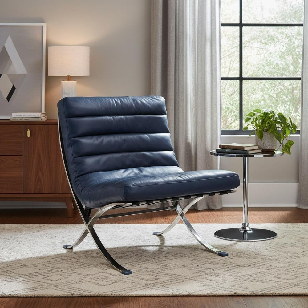 HomeRoots 29" Stylish Blue & Silver Tufted Leather Folding Lounge Chair - Modern Comfort for Any Space 668904