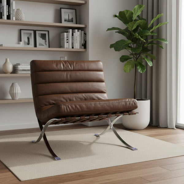 HomeRoots 29" Elegant Brown and Silver Tufted Leather Folding Lounge Chair for Stylish, Modern Spaces 668905