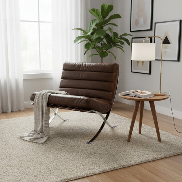 HomeRoots 29" Elegant Brown and Silver Tufted Leather Folding Lounge Chair for Stylish, Modern Spaces 668905