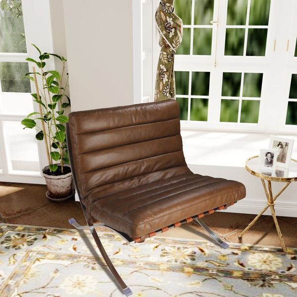 HomeRoots 29" Elegant Brown and Silver Tufted Leather Folding Lounge Chair for Stylish, Modern Spaces 668905