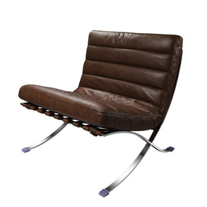 HomeRoots 29" Elegant Brown and Silver Tufted Leather Folding Lounge Chair for Stylish, Modern Spaces 668905