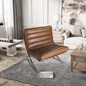 HomeRoots 29" Elegant Brown and Silver Tufted Leather Folding Lounge Chair for Stylish, Modern Spaces 668905