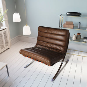 HomeRoots 29" Elegant Brown and Silver Tufted Leather Folding Lounge Chair for Stylish, Modern Spaces 668905