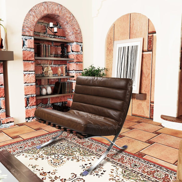 HomeRoots 29" Elegant Brown and Silver Tufted Leather Folding Lounge Chair for Stylish, Modern Spaces 668905