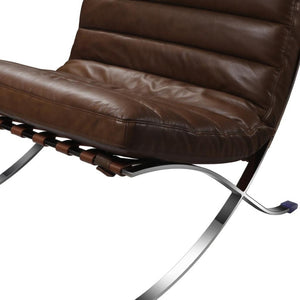 HomeRoots 29" Elegant Brown and Silver Tufted Leather Folding Lounge Chair for Stylish, Modern Spaces 668905